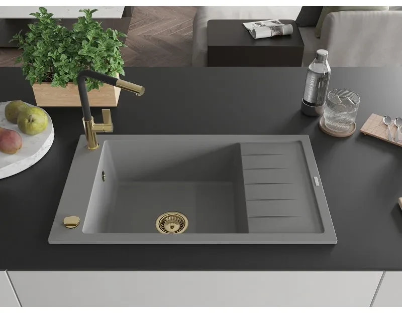 Mexen Elias, 1-komorový granitový drez 795x480x200 mm a drezová batéria Flora, šedá, 6511-71-670401-57-G
