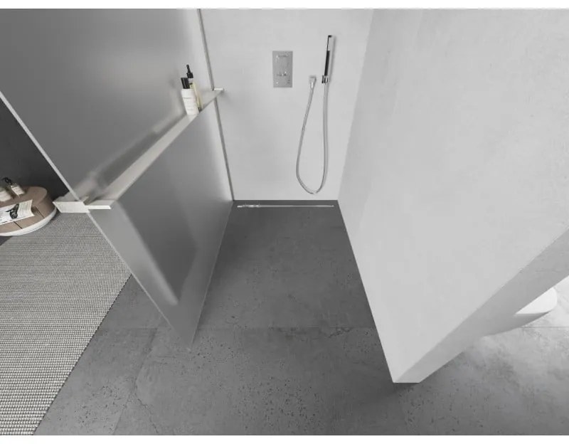 Mexen Kioto+ L, sprchová zástena Walk-In s poličkou a vešiakom 100 x 200 cm, 8mm sklo námraza, brúsená oceľ profil, 800-100-123-97-30