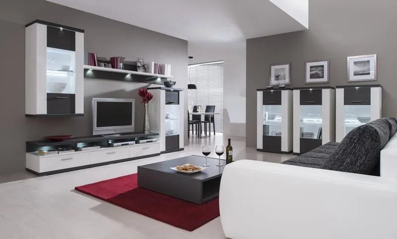 Obývacia stena Caracas kombi 333, grafit/biely lesk, s osvetlením