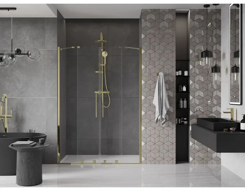 Mexen Velar Duo, posuvné dvere do otvoru 160x200 cm, 8mm číre sklo, zlatá lesklá, 871-160-000-02-50