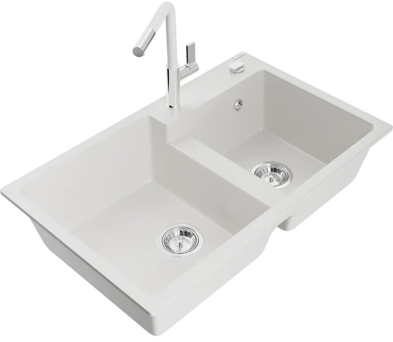 Mexen Tomas, 2-komorový granitový drez 800x500x190 mm a drezová batéria Flora, biela, 6516-20-670401-02