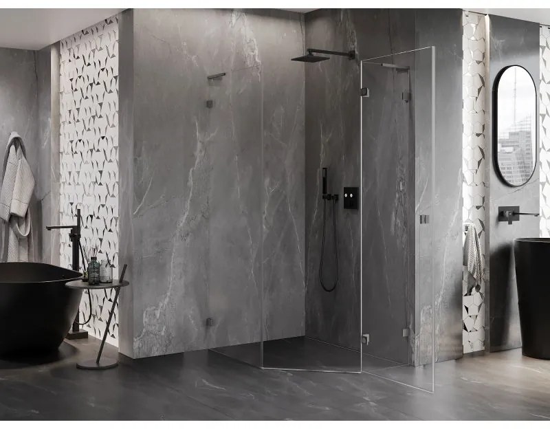 Mexen Lunar, L pravý výklopný päťuholníkový sprchový kút 90x100 cm priehľadný, profil grafit brúsený, 831L-090P-100L-66-00-P