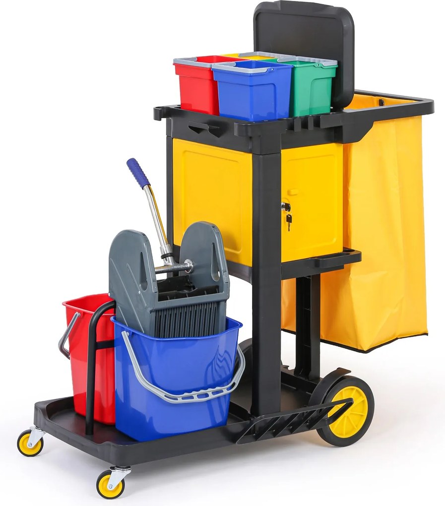 Profesionálny upratovací vozík so 6 vedrami, držiakmi mopov, skrinkou a vrecom s vekom, 1120 × 710 × 1100 mm