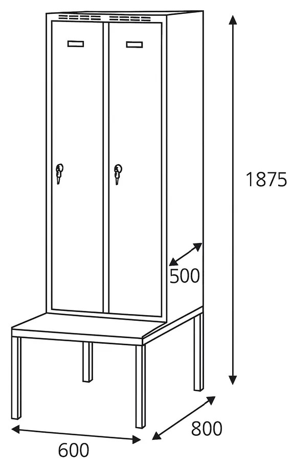 Alfa 3 Šatníková skrinka S6 s lavičkou, 2-dverová, 1875 x 600 x 500/800 mm, otočný zámok, tmavo sivé dvere