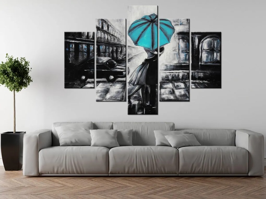 Gario Ručne maľovaný obraz Tyrkysový bozk v daždi - 5 dielny Rozmery: 150 x 70 cm
