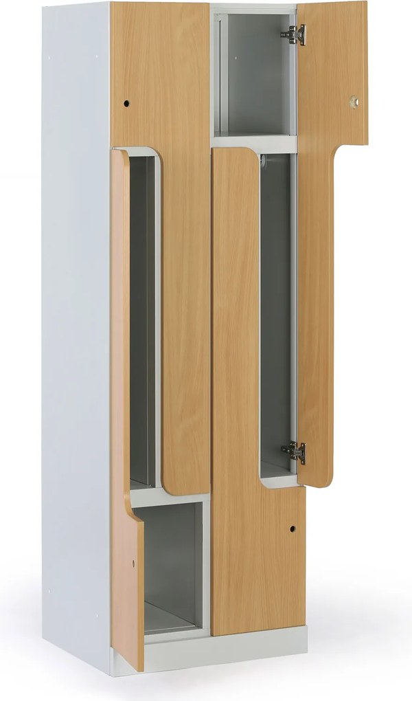 Kovová šatníková skrinka S1 Z, 4 oddiely, 1850 x 600 x 500 mm, zámok s čítačkou RFID kariet, laminované dvere, buk