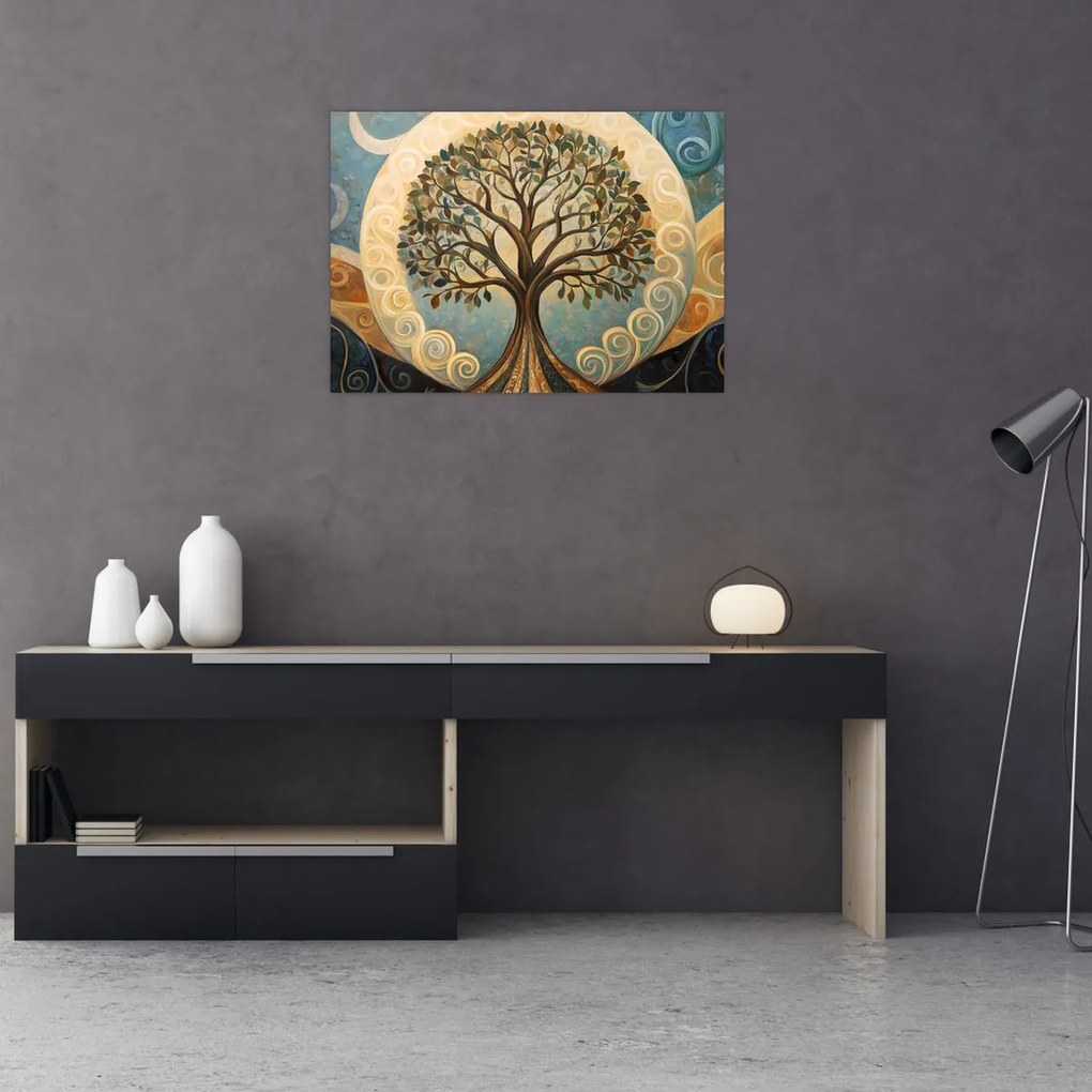 Sklenený obraz – Strom života a špirály (70x50 cm)