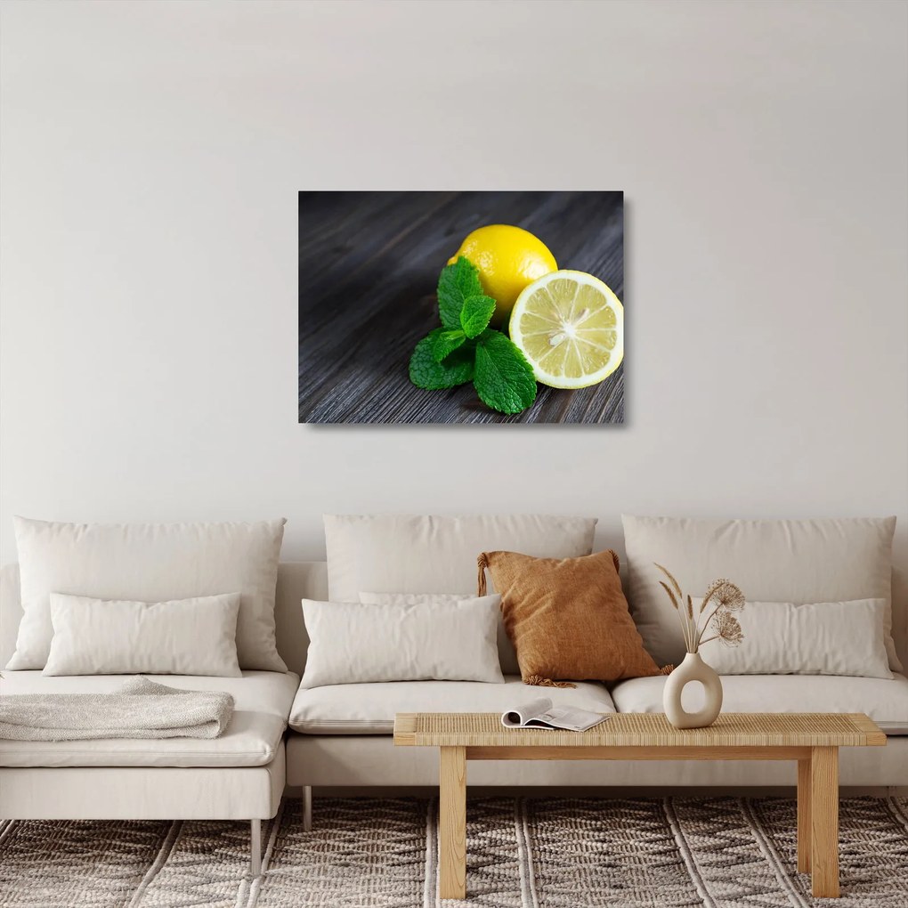 Sklenený obraz citrónov a mäty na stole (70x50 cm)