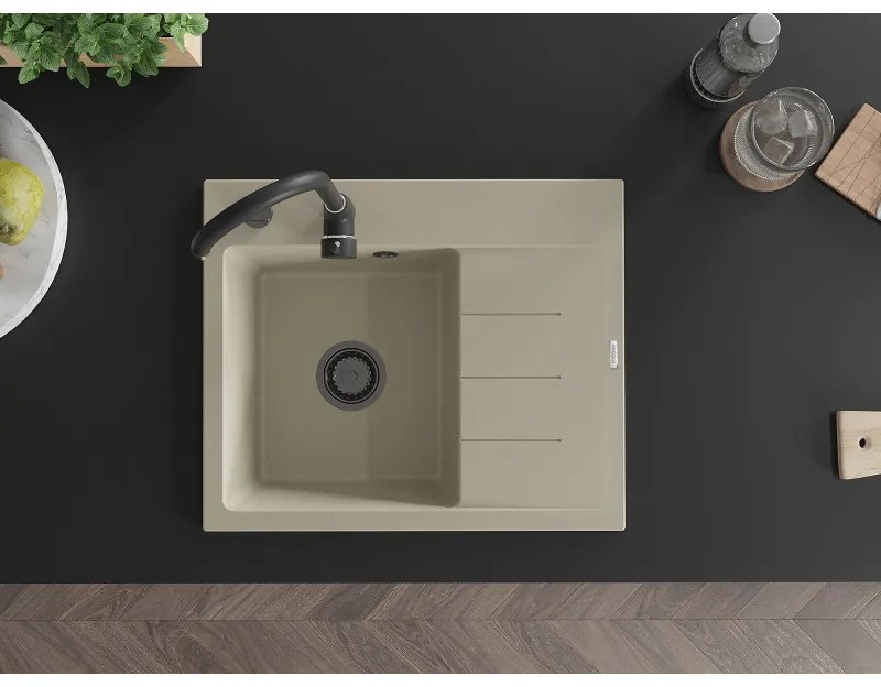 Mexen Ben, 1-komorový granitový drez 600x500x190 mm, ľavý + čierny sifón, béžová, 6522605000-69-B