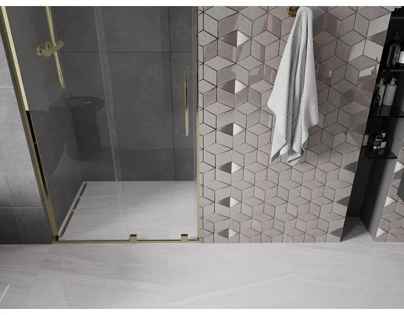 Mexen Velar L, posuvné sprchové dvere do otvoru 110 cm, 8mm číre sklo, zlatá lesklá, 871-110-003-01-50