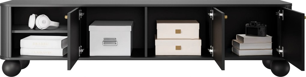 Čierna RTV skrinka Vesper 187 cm trojdverová - so zlatými úchytkami a guľovými nohami