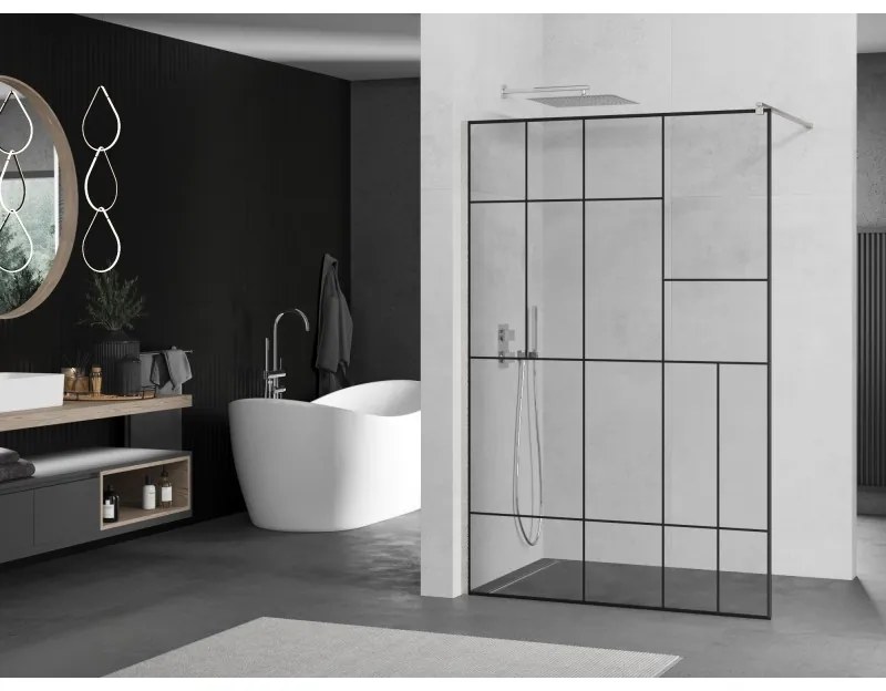 Mexen Kioto, sprchová zástena Walk-In 130 x 200 cm, 8mm číre sklo čierny vzor, brúsená oceľ profil, 800-130-101-97-78