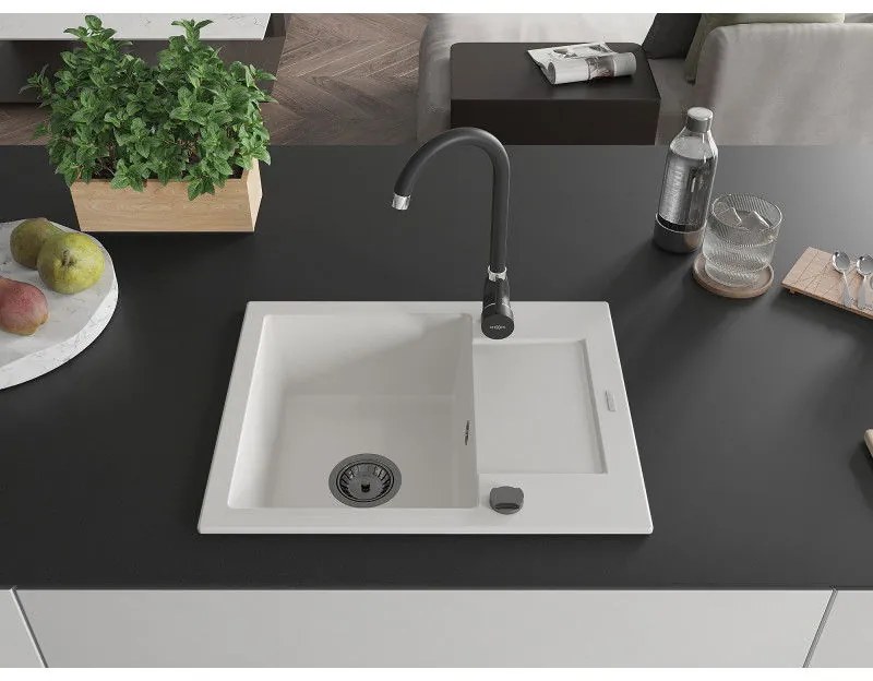 Mexen Enzo, granitový drez 576x465x174 mm, 1-komorový, biela s čiernym sifónom, 6506571005-20-B