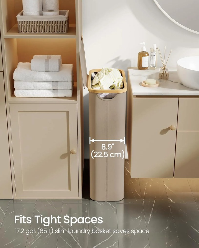 Kôš na prádlo s viečkom, úzky úložný kôš na prádlo, 65 L, 42 x 22,5 x 70,5 cm, Tehlovo hnedá