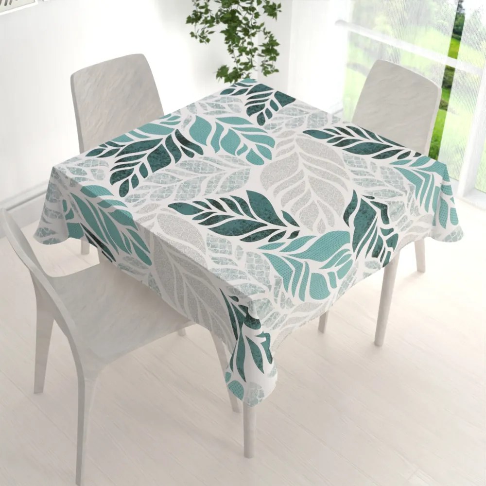 Biante Bavlnený štvorcový obrus Sandra SA-572 Sivo-modrozelené abstraktné listy na bielom 150x150 cm