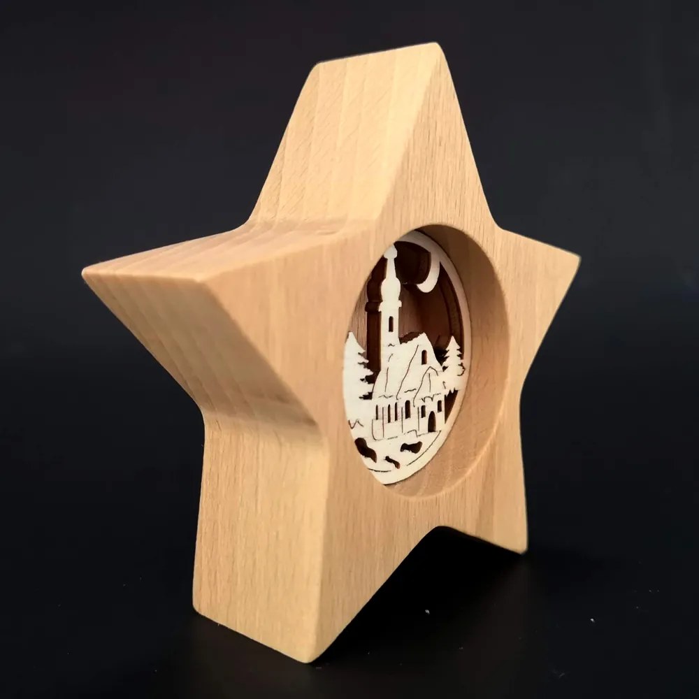 AMADEA Drevená hviezda s vkladom - kostol, masívne drevo, 10x10x3 cm