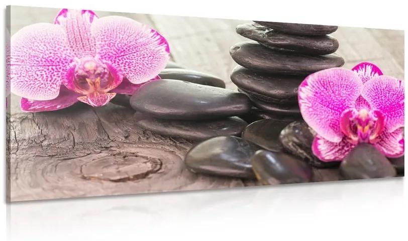 Obraz orchidea a Zen kamene na drevenom podklade - 100x50