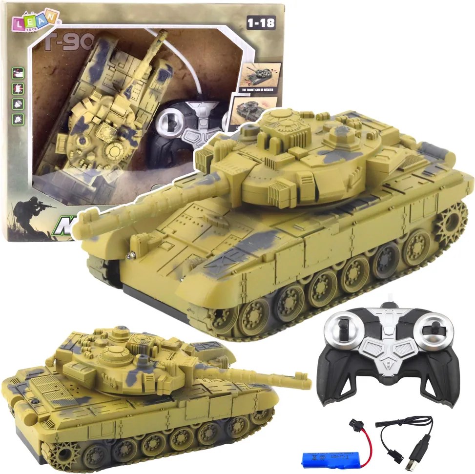 LEAN Toys T90 diaľkovo ovládaný RC vojenský tank Svetlá Zvuky Piesok 1:18