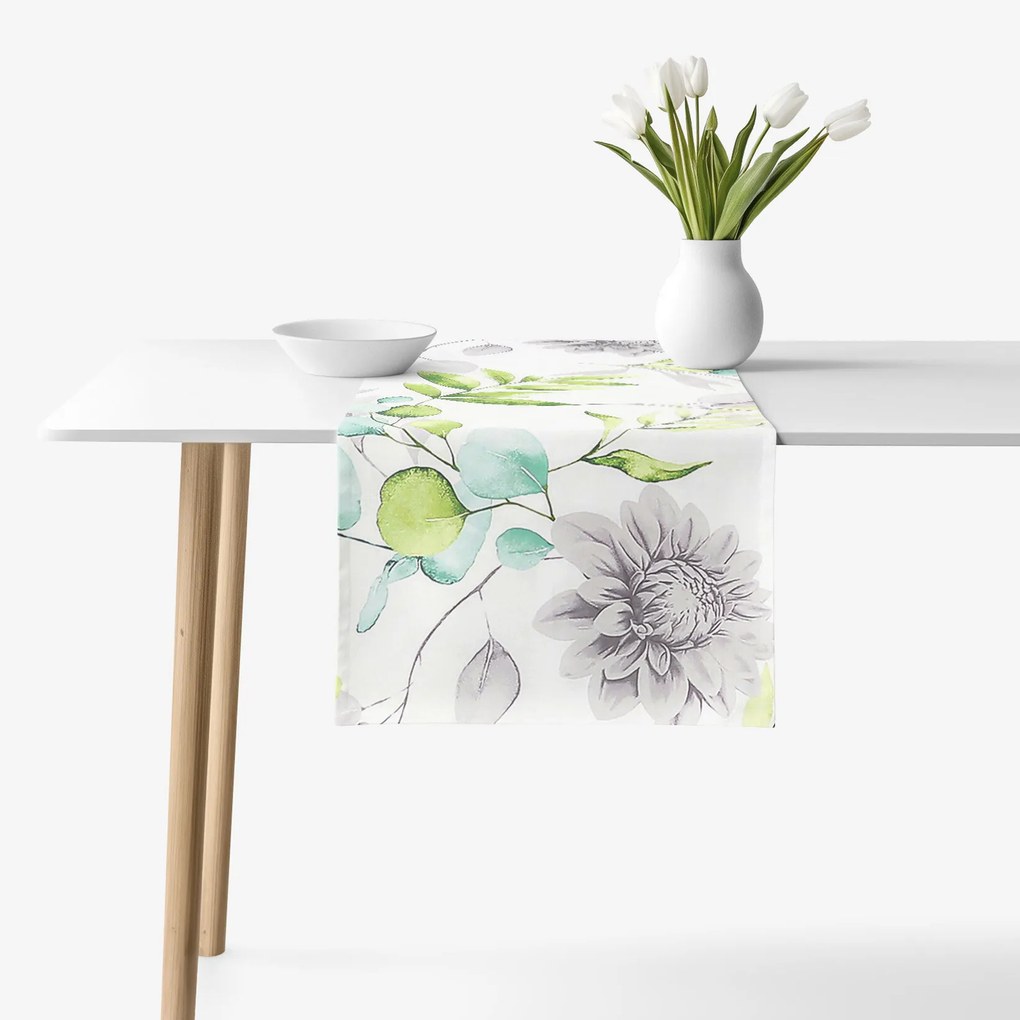 Goldea behúň na stôl 100% bavlnené plátno deluxe - eukalyptus s kvety 35x120 cm