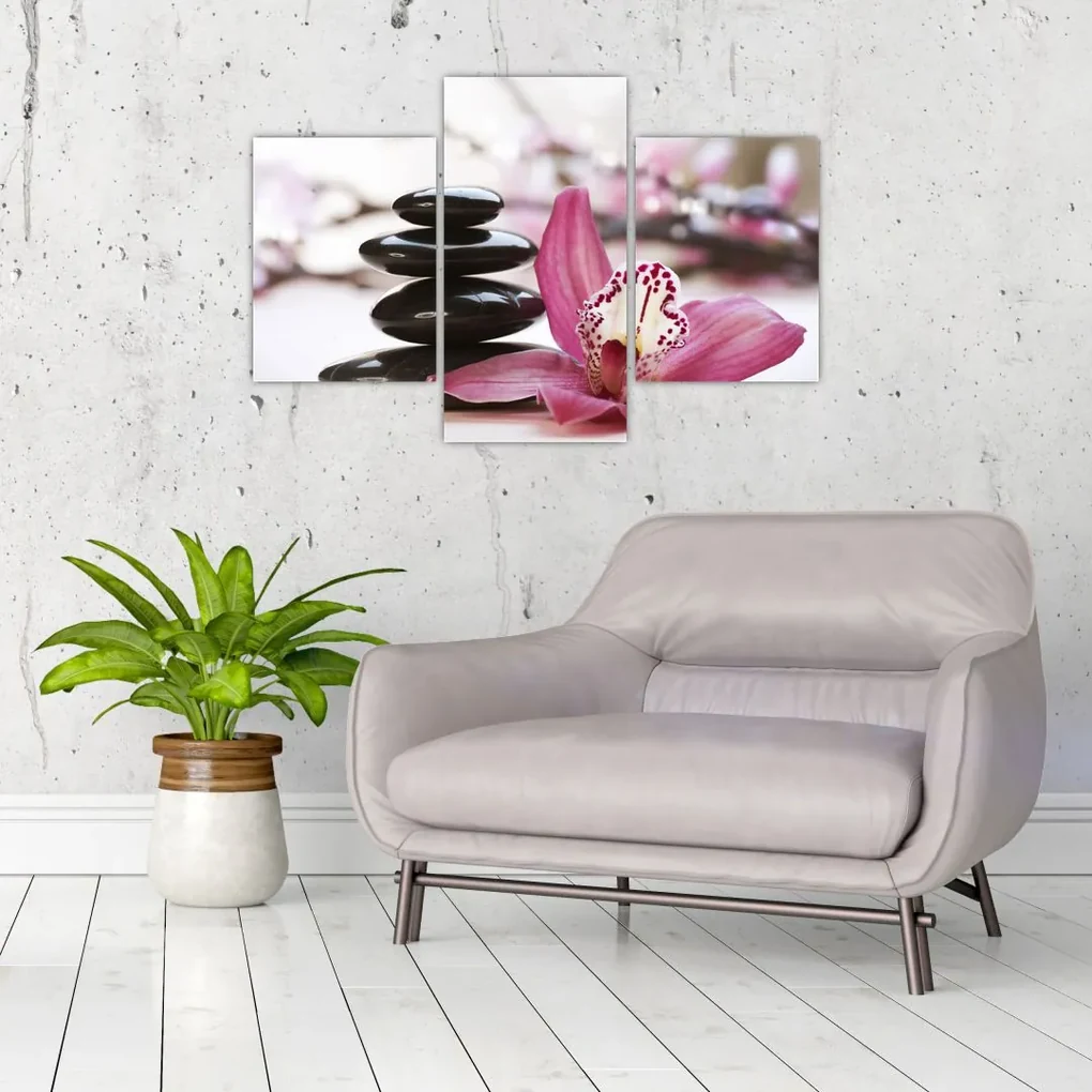 Obraz masážnych kameňov a orchidey na vode (90x60 cm)