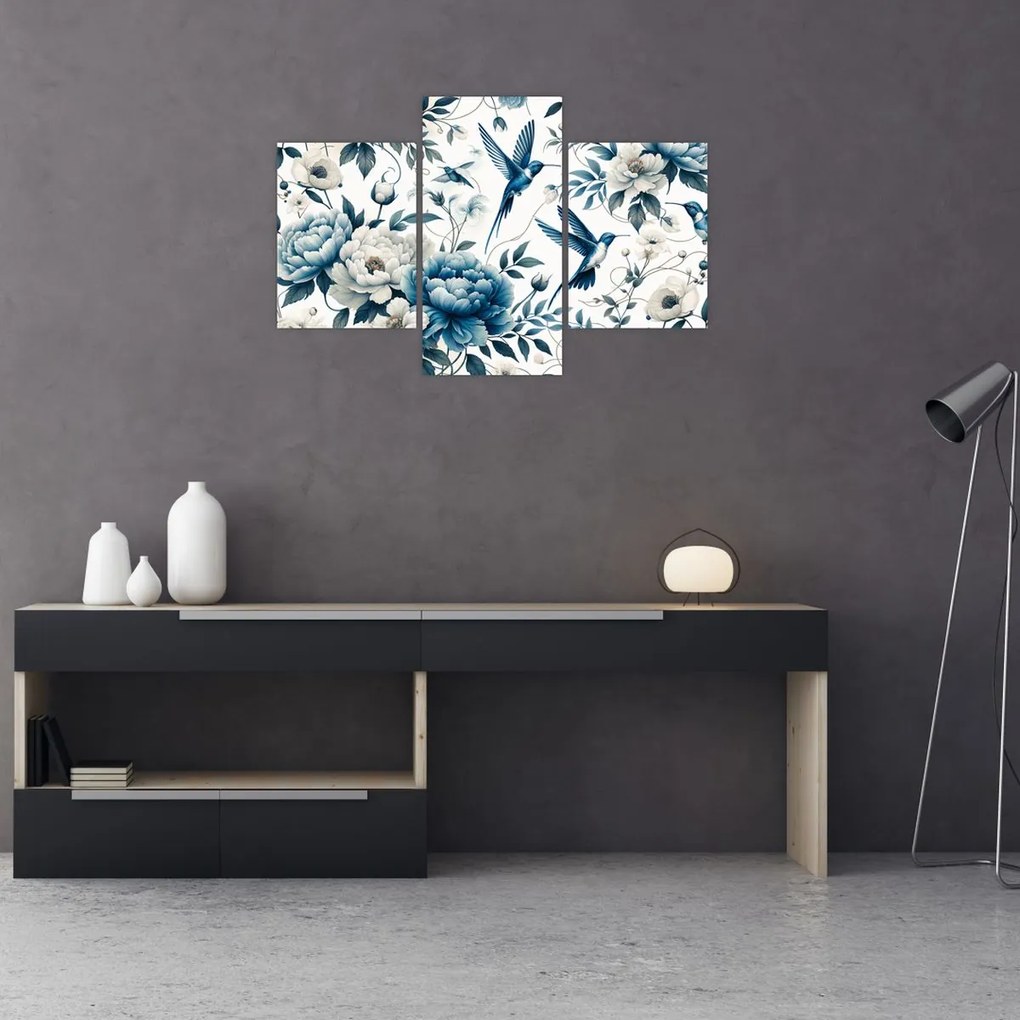 Obraz - Kolibríky s kvetmi (90x60 cm)