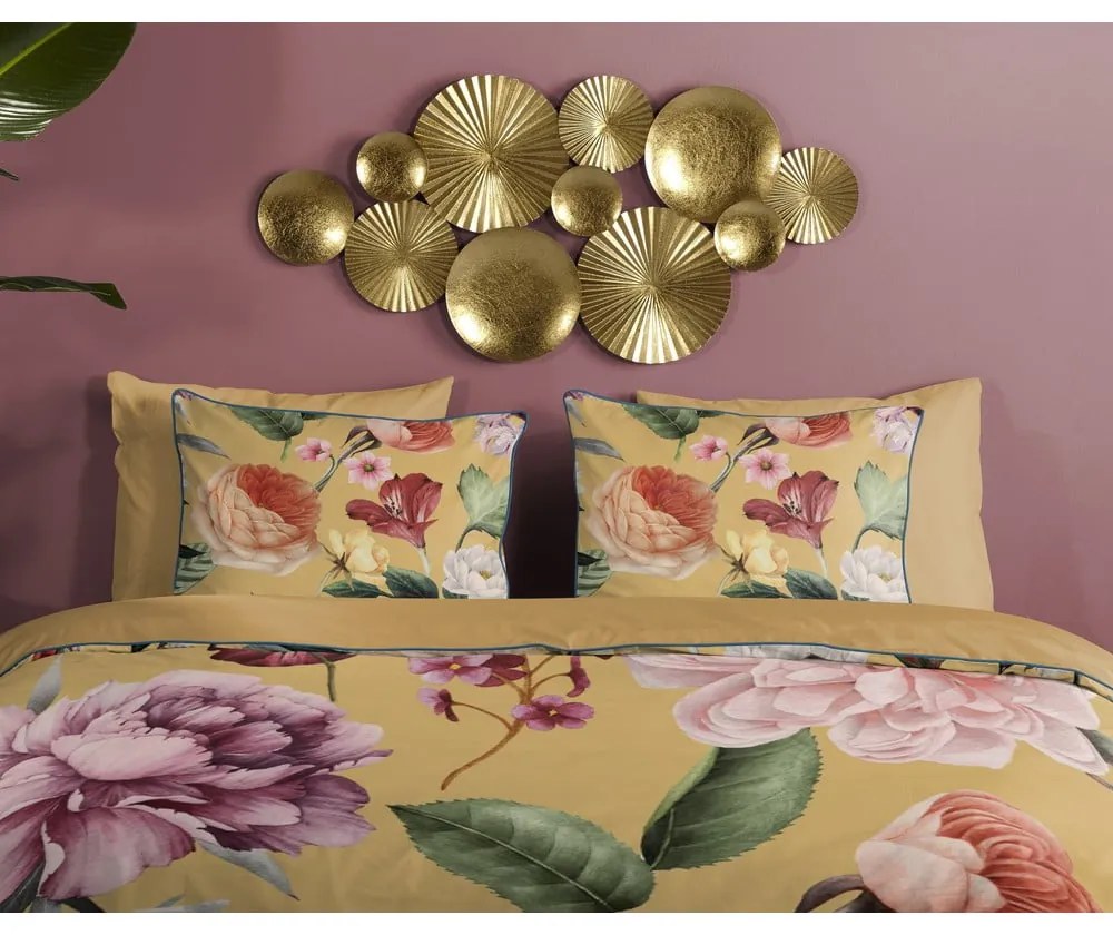 Okrovožlté obliečky na dvojlôžko/predĺžené z bavlneného saténu 240x220 cm Fiori – Descanso