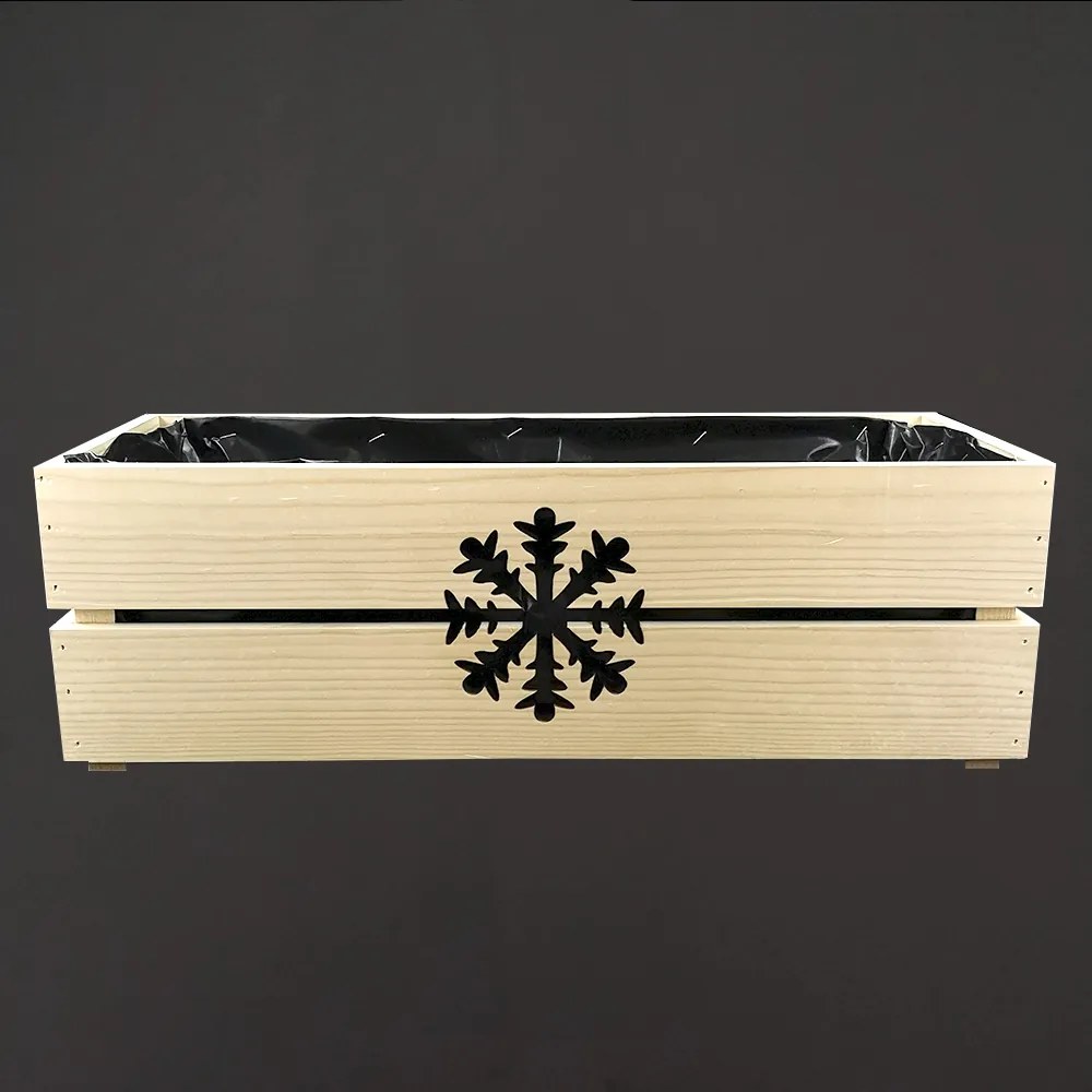 AMADEA Drevený vianočný kvetináč s vločkou prírodnou, vo vnútri s čiernou fóliou, 52x21,5x17cm, český výrobok