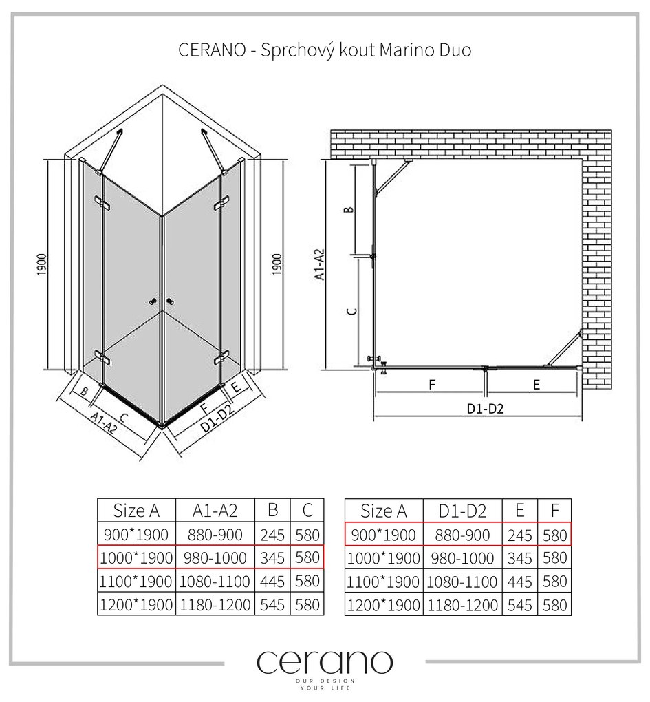 Cerano Marino Duo, sprchovací kút 100(dvere) x 90(dvere), 6mm číre sklo, čierny profil, CER-CER-480202