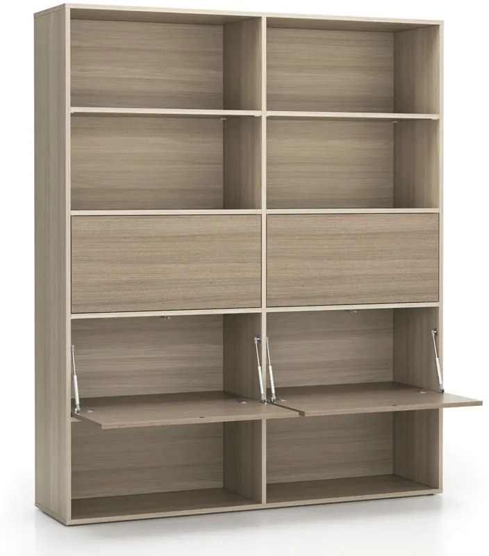 PLAN Široký kancelársky policový regál LAYERS, 4 boxy, 1582 x 400 x 1905, dub prírodný / dub morený