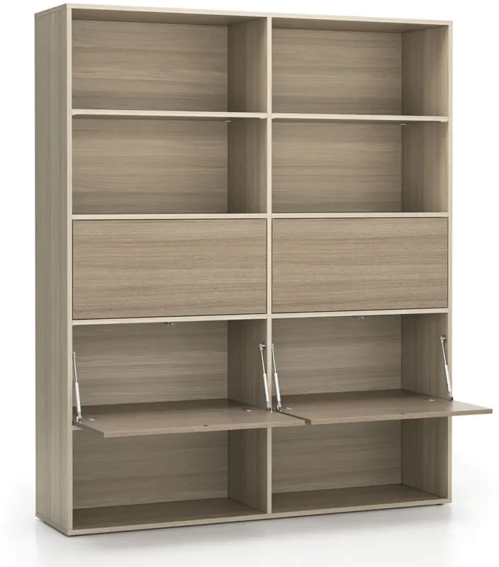 PLAN Široký kancelársky policový regál LAYERS, 4 boxy, 1582 x 400 x 1905, dub prírodný / dub morený