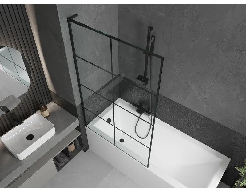 Mexen Next L, 1-krídlová vaňová zástena 100 x 150 cm, 6mm číre sklo-čierny vzor, čierny profil, 895-100-000-03-77-70