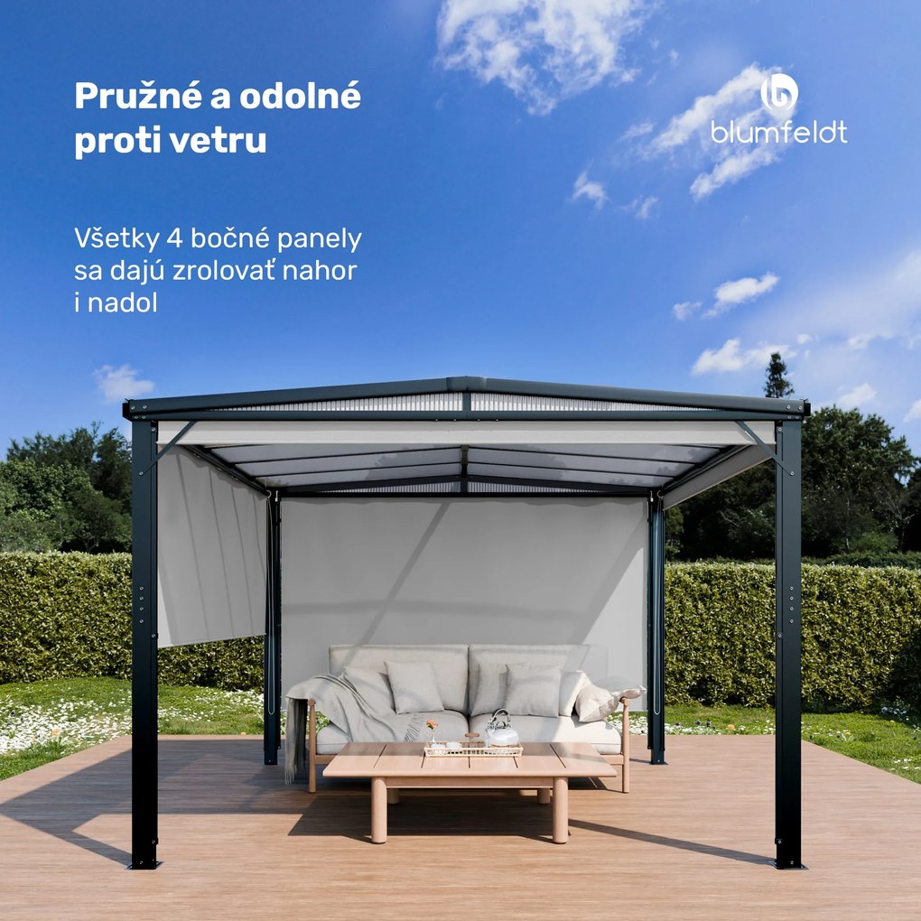 Blumfeldt Pantheon Cortina Solid Sky Pergola 3x3, odolná voči poveternostným vplyvom, s práškovým nástrekom, bočné panely