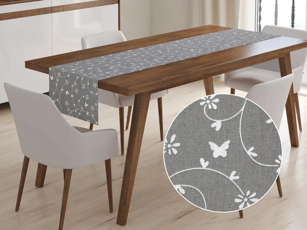 Biante Bavlnený behúň na stôl Sandra SA-050 Drobné biele kvietky a motýliky na sivom 35x120 cm