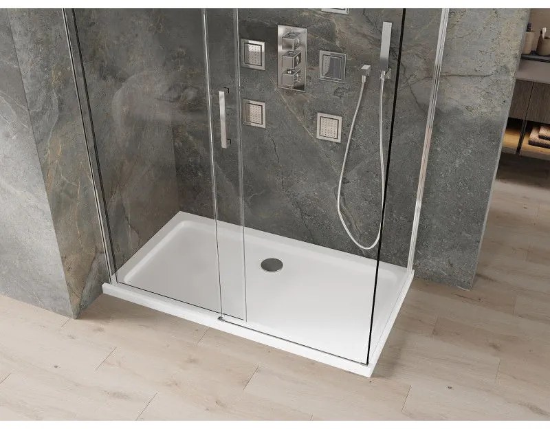 Mexen Omega, sprchovací kút s posuvnými dverami 140 (dvere) x 70 (stena) cm, 8mm číre sklo, chrómový profil + slim sprchová vanička 5cm, 825-140-070-01-00-4010