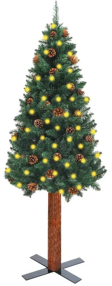 vidaXL Úzky vianočný stromček s LED, drevom a šiškami zelený 150 cm