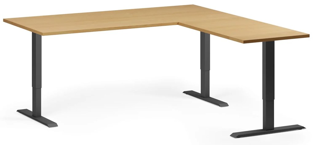 Výškovo nastaviteľný stôl, 180x180 cm, 3 motory, L/P, čierna podnož, buk