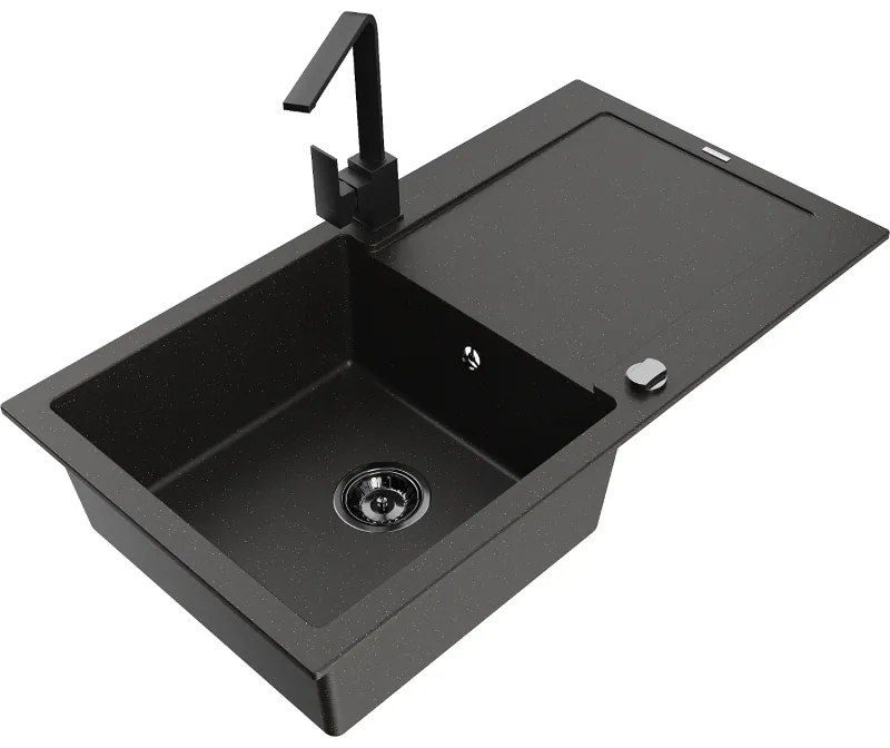 Mexen Leo, drez granitový 900x500x190 mm, 1-komorový, čierna - zlatá metalíza s čiernym sifónom a čierna drezová batéria Rita, 6501-75-670300-70-B
