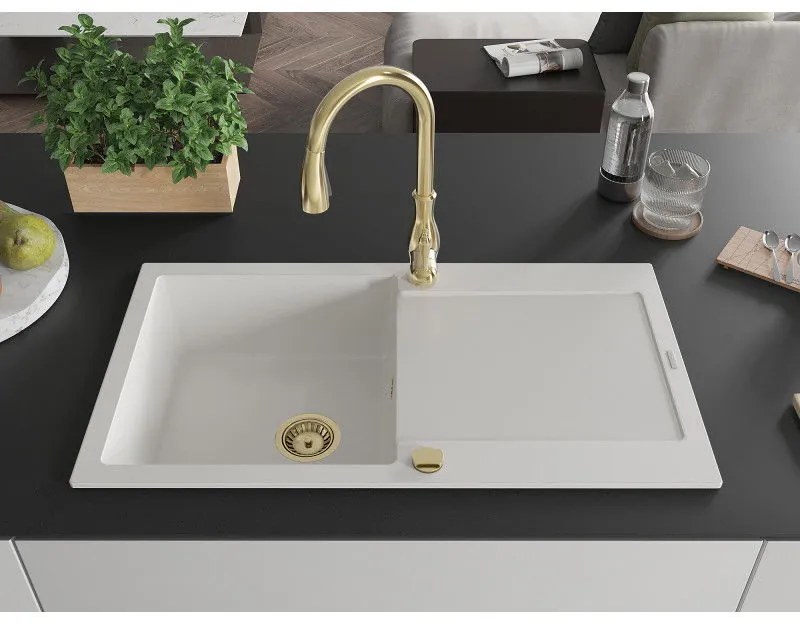 Mexen Leo, 1-komorový granitový drez 900x500x190 mm a drezová batéria Savita, biela, 6501-20-672601-50