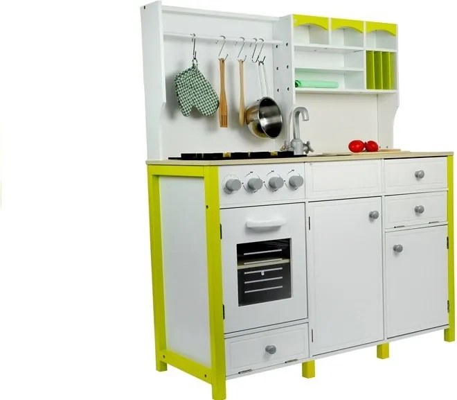 LEAN Toys Detská drevená kuchyňa Zelená a biela Paula Otváracie prvky
