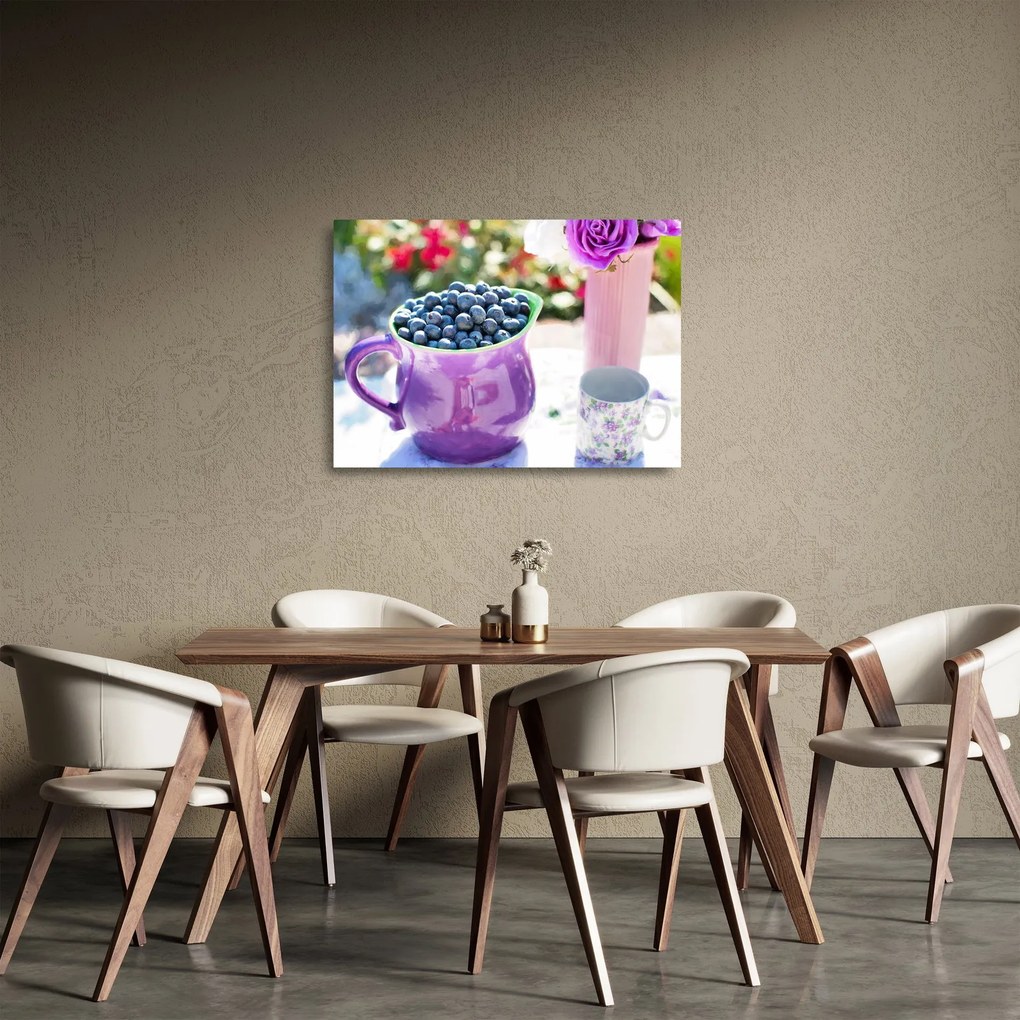 Sklenený obraz - čučoriedky v hrnčeku (70x50 cm)