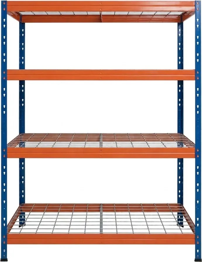 Kovové regály RIVET PRO 180x120x45 oceľová mriežka 4 úrovne modro-oranžová