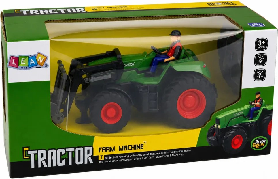 LEAN Toys Poľnohospodársky traktor s buldozérom a poľnohospodárom, diaľkovo ovládaný RC v mierke 1:24