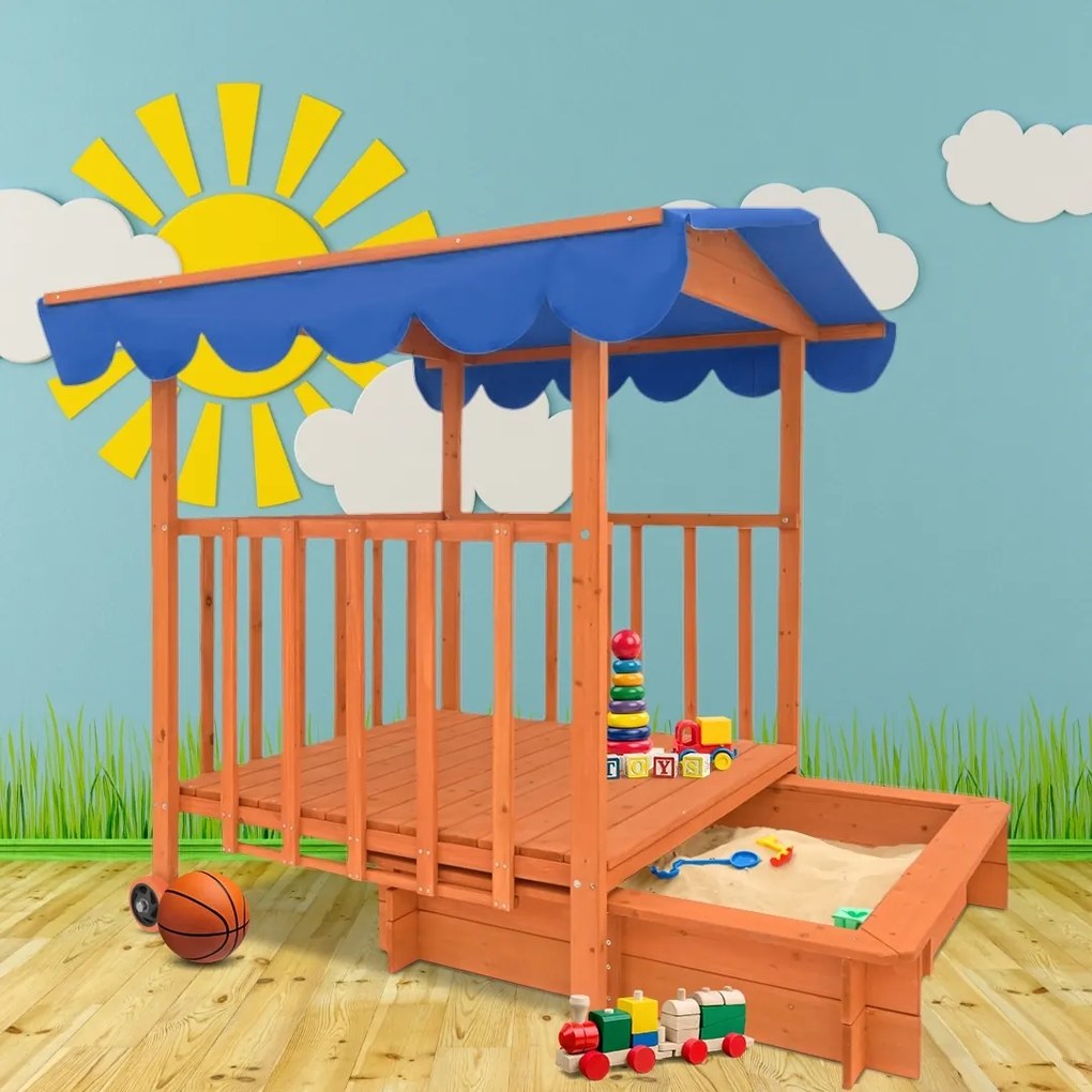 Pieskovisko s verandou HAPPY, 130x130x143 cm, hnedá/modrá Jurhan