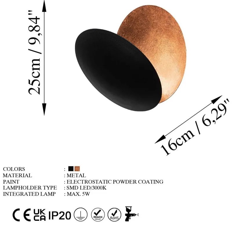 Čierne/v medenej farbe LED nástenné svietidlo ø 25 cm Yosma – Opviq lights