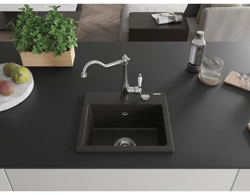 Mexen Milo, granitový drez 435x410x171 mm, 1-komorový a drezová batéria Carla, čierna-zlatá metalíza, 6505-75-670700-00