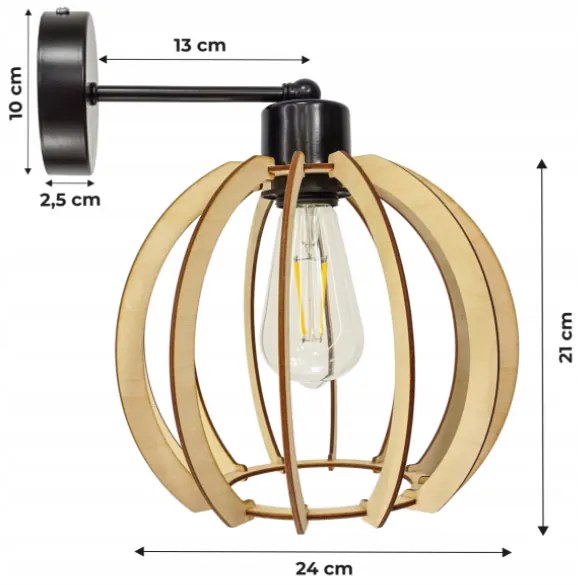 BERGE Nástenná lampa - kinkiet - E27 - drevená guľa - čierna