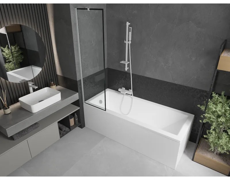 Mexen Next, vaňová zástena 1-krídlová 50 x 150 cm, fixné krídlo, 6 mm číre sklo s čiernym vzorom, biely profil, 895-050-000-00-70-20