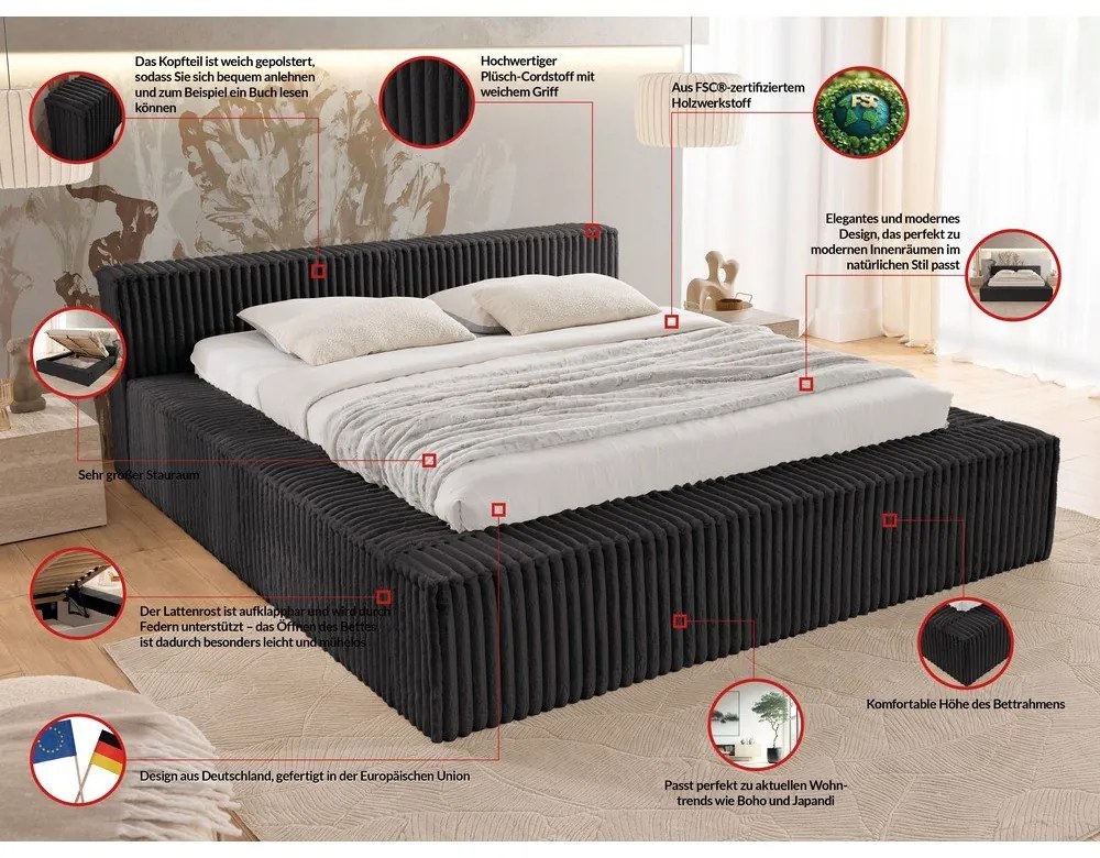 Čierna čalúnená dvojlôžková posteľ s úložným priestorom s roštom 180x200 cm Cloe – Ropez