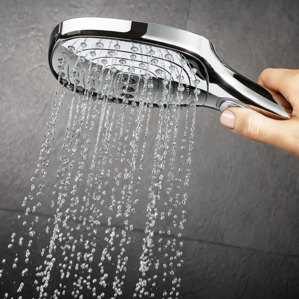 HANSGROHE Raindance Select E Showerpipe nástenný sprchový systém s termostatom ShowerTablet Select 300, horná sprcha 3jet 318 x 190 mm, ručná sprcha 3jet, chróm, 27127000