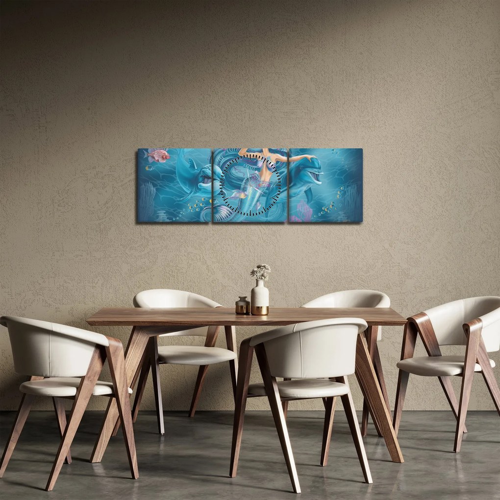 Obraz - Morská víla s delfínmi (s hodinami) (90x30 cm)